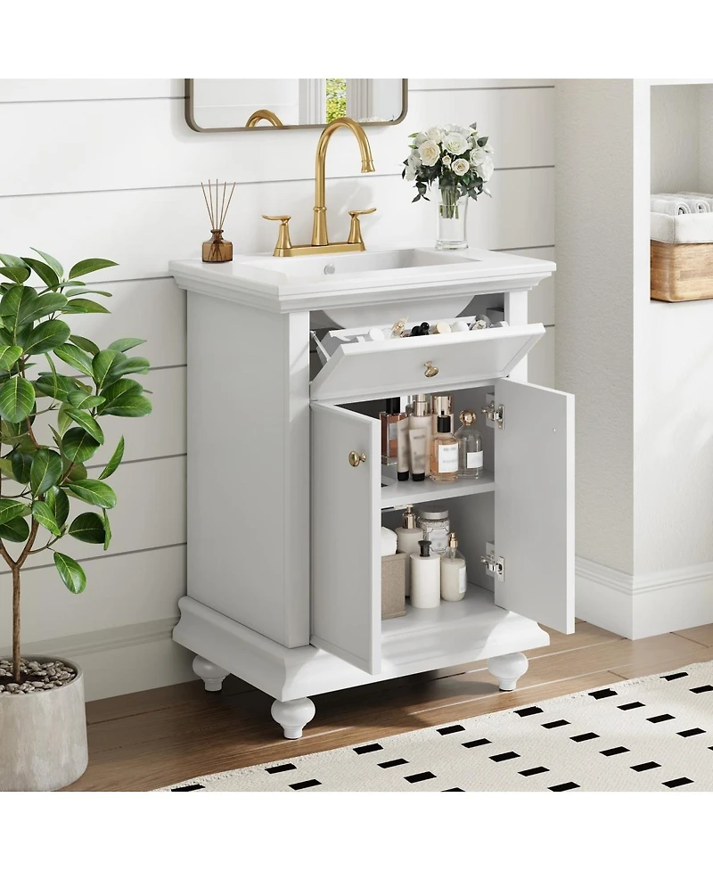 Sillysis Bathroom Vanity with Sink, Freestanding Modern Cabinet, Tip-Out Drawer, Adjustable Shelf for Small Spaces