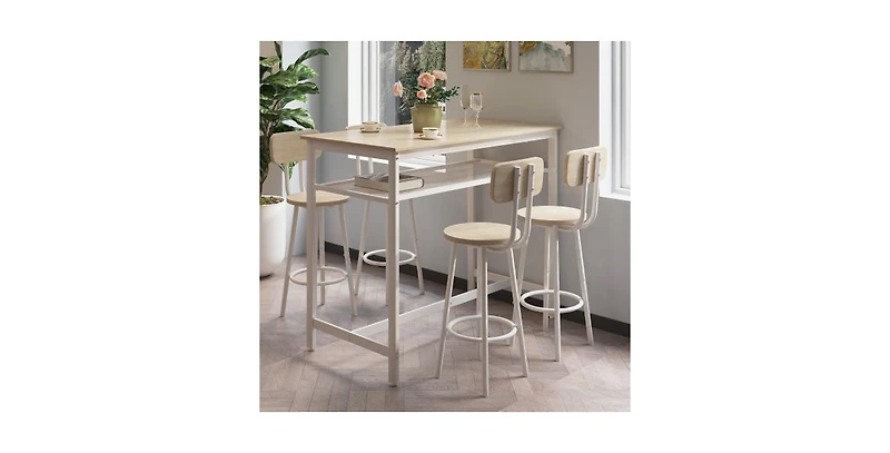Flynama 5-Piece Kitchen Counter-Height Bar Table Set with 4 Stools, Storage Net for Small Spaces