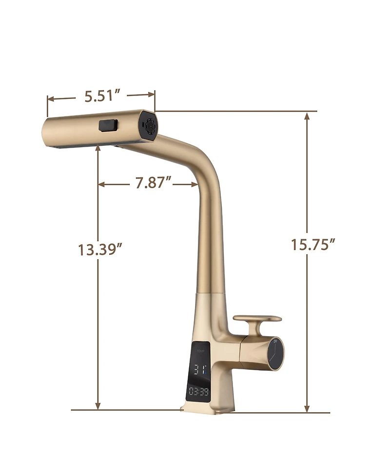 Phying Brushed Gold Waterfall Kitchen Faucet with Temperature Display Single Handle Pull Down Sprayer Faucet Three Water Outlet Modes