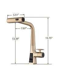 Phying Brushed Gold Waterfall Kitchen Faucet with Temperature Display Single Handle Pull Down Sprayer Faucet Three Water Outlet Modes
