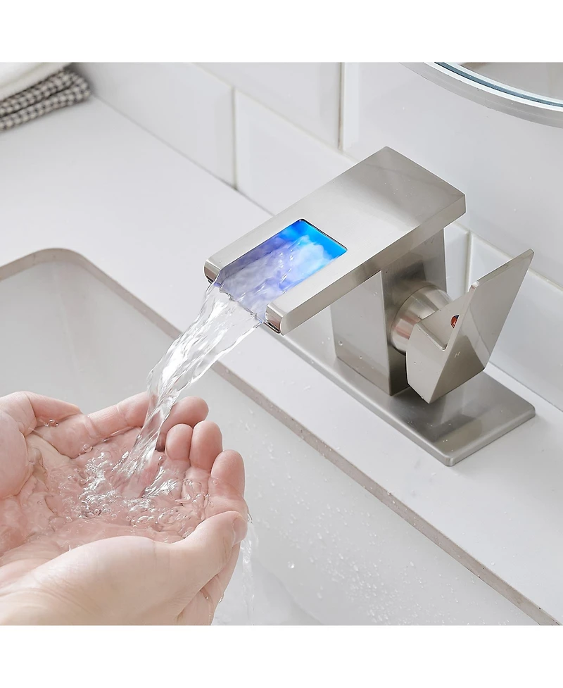 Phying Bathroom Sink Faucet Led Light 3 Colors Changing Waterfall Glass Spout Hot Cold Water Mixer Single Handle One Hole Deck Mounted Bathroom Faucet