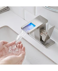 Phying Bathroom Sink Faucet Led Light 3 Colors Changing Waterfall Glass Spout Hot Cold Water Mixer Single Handle One Hole Deck Mounted Bathroom Faucet