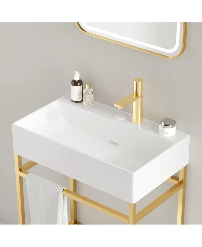 Sillysis Bathroom Vanity with Ceramic Integrated Sink, Metal Storage Shelf, Modern Freestanding Cabinet for Small Spaces