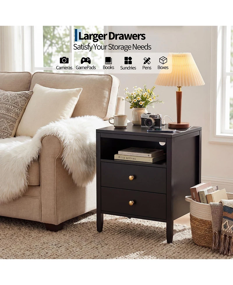 homfan Modern Nightstand with Charging Station, 2 Drawers and Open Shelf, Metal Knobs, Set Options, Multiple Finishes Sizes