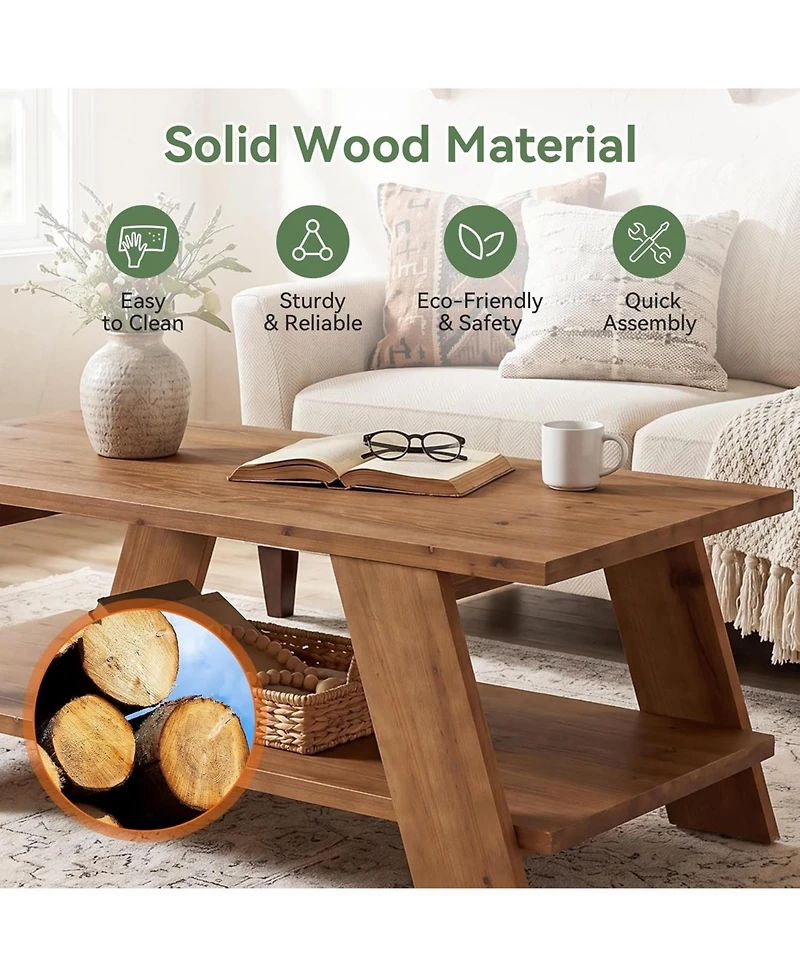 Tribesigns 47-Inch Solid Wood Coffee Table for Living Room, 2-Tier Rectangle Center Table with Storage Shelf