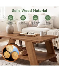 Tribesigns 47-Inch Solid Wood Coffee Table for Living Room, 2-Tier Rectangle Center Table with Storage Shelf