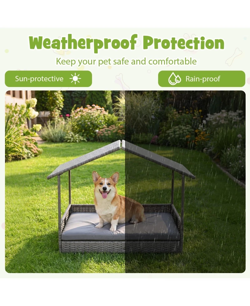 Cozito Wicker Dog House Elevated Pe Rattan Dog Bed with Canopy
