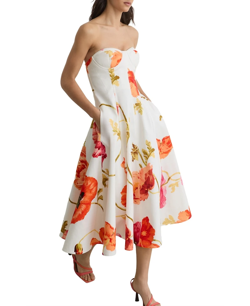 Reiss Women's Cotton Floral Bustier Midi Dress with Stretch