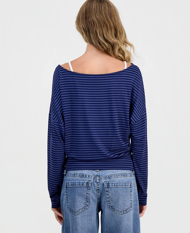Hippie Rose Juniors' Striped Layered-Look Dolman-Sleeve Top
