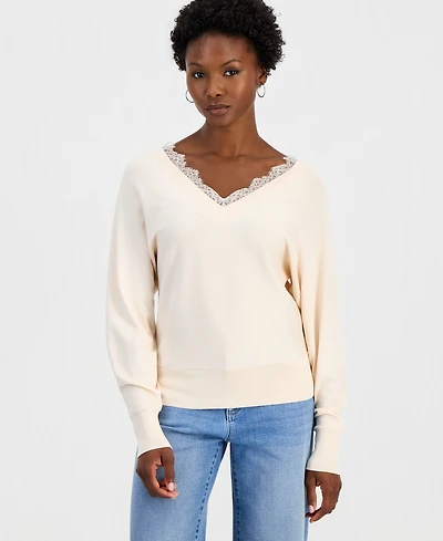 I.n.c. International Concepts Petite Lace Trim Double V-Neck Sweater, Macy's Exclusive