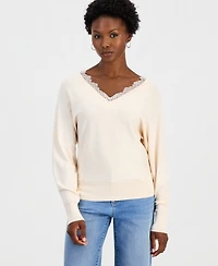 I.n.c. International Concepts Petite Lace Trim Double V-Neck Sweater, Macy's Exclusive