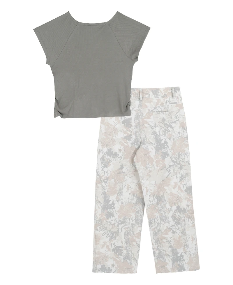 Tween Diva Girls' 7-16 Rib Knit T-Shirt and Printed Twill Pant, 2-Piece Set
