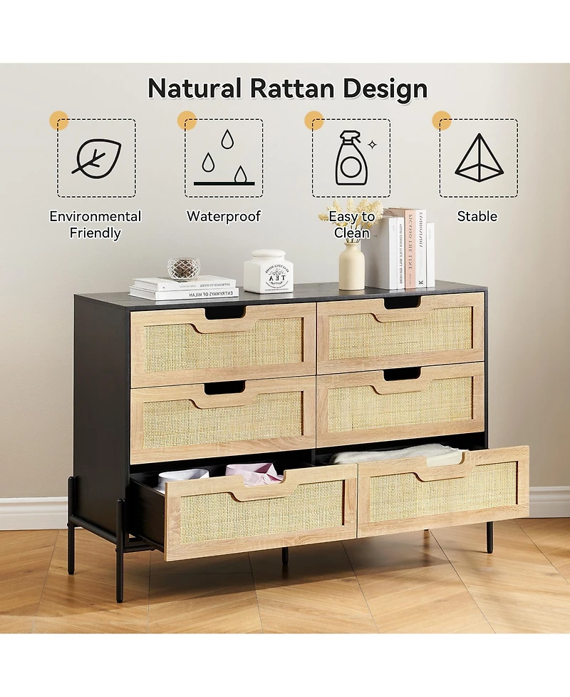 homfan Farmhouse Rattan 6-Drawer Dresser, Sturdy Engineered Wood Storage Cabinet with Metal Legs, Easy Assemble Multi-use Home Organizer