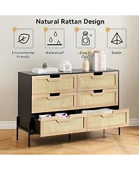 homfan Farmhouse Rattan 6-Drawer Dresser, Sturdy Engineered Wood Storage Cabinet with Metal Legs, Easy Assemble Multi-use Home Organizer