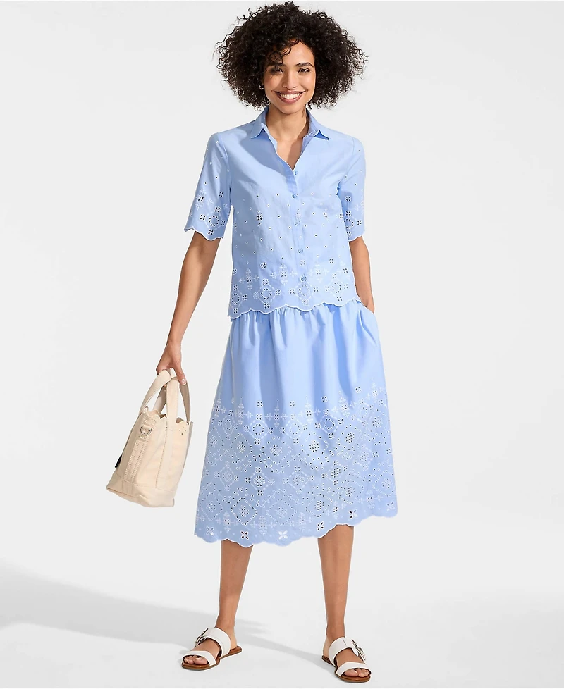 Lands' End Petite Poplin Drop Waist Embroidered Eyelet Midi Skirt