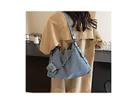 Susu Women's Drift Hobo Bag Slouchy Shoulder Bag Crossbody Purse Casual Washed Denim Handbag with Chain Accent