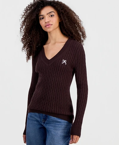 Madden Girl Juniors' Longline V-Neck Cable-Knit Sweater