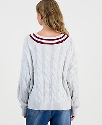 Hippie Rose Juniors' V-Neck Varsity Cable-Knit Sweater