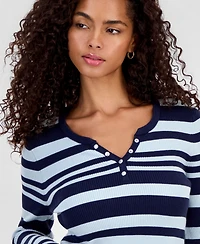 Hooked Up by Iot Juniors' Striped Snap Henley Stripe Sweater