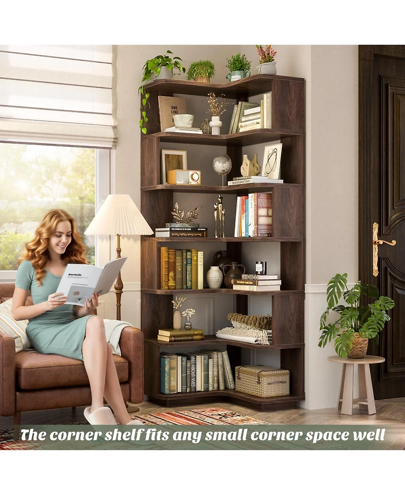 Aheaplus 6-Tier Corner Bookshelf, Space-saving Bookcase Display Storage Shelf