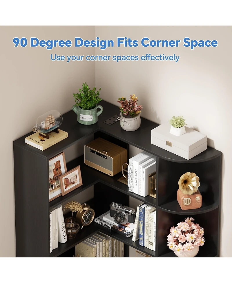 Aheaplus 71" Tall 6-Tiers Corner Bookshelf with Open Storage, Wooden Display Shelves for Bedroom