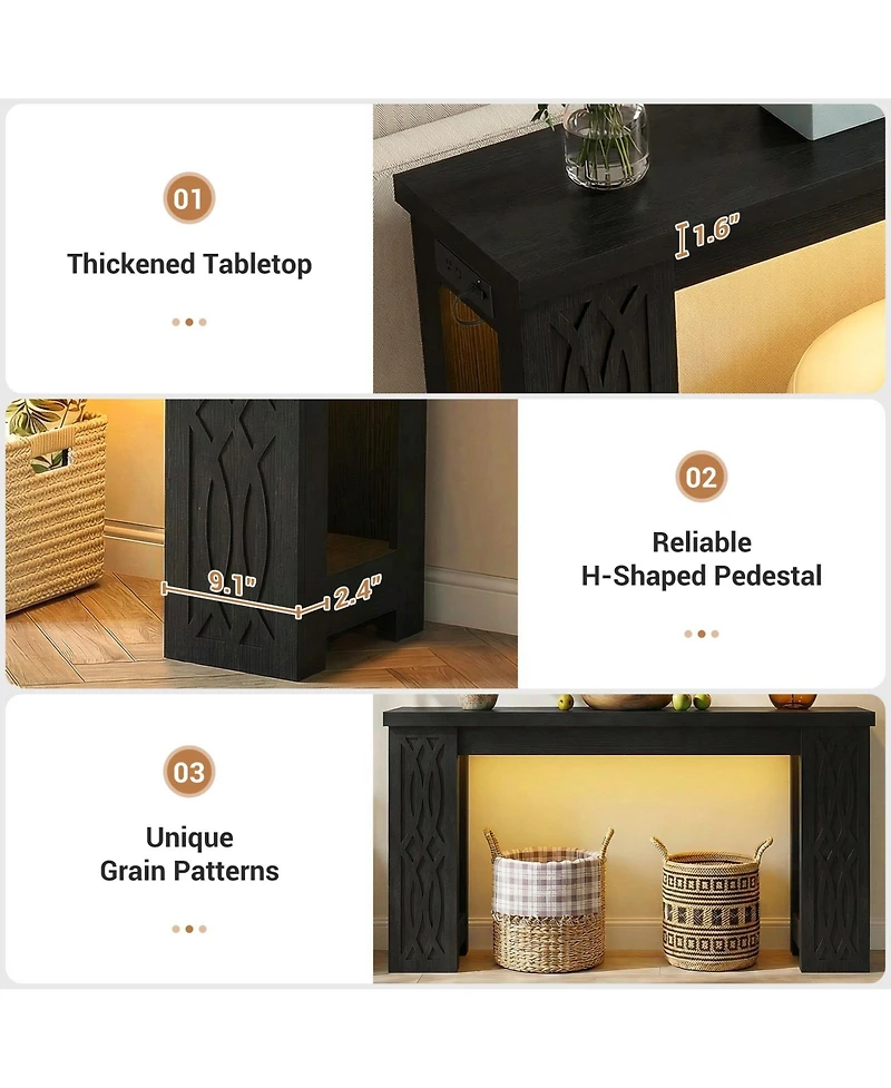 Aheaplus Wooden Console Table Sofa with Charging Station Entryway Led Lights