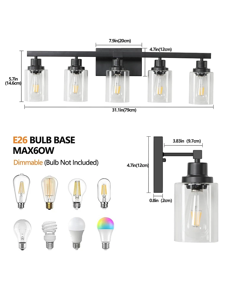 Busdays 31 Inch Modern 5 Light Bathroom Vanity Light Fixture Industrial Wall Sconce with Glass Shades for Mirror Bathroom Bedroom Hallway No Bulbs