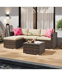 homfan Outdoor Patio Furniture Set with Modular Wicker Sectional Washable Cushions and Glass Top Table