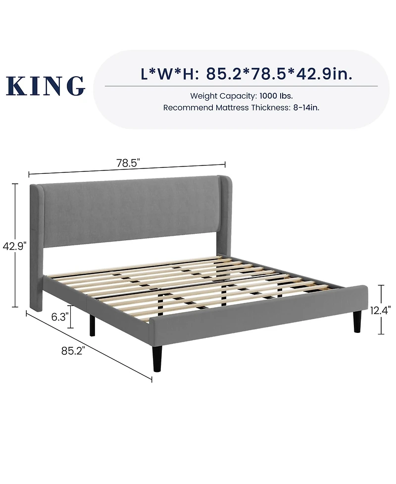 homfan Upholstered Platform Bed Frame with Wingback Headboard, 2 Storage Pockets, Wood Slat Support