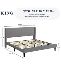 homfan Upholstered Platform Bed Frame with Wingback Headboard, 2 Storage Pockets, Wood Slat Support