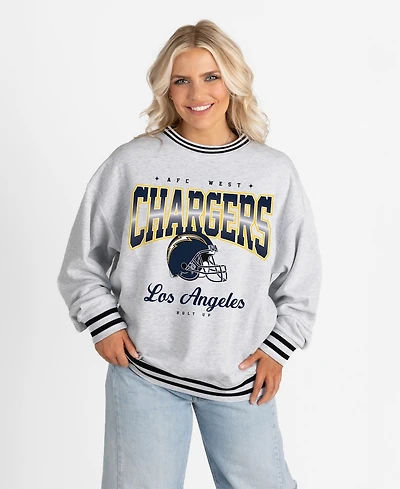 Gameday Couture Women's Ash/Black Los Angeles Chargers Oversized Gridiron Drive Ringer Stripe Sweatshirt