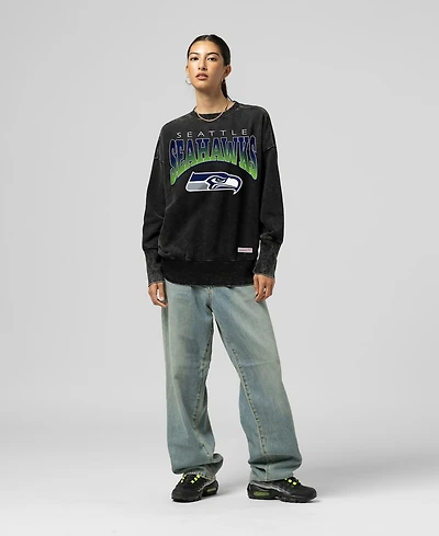 Mitchell & Ness Women's Black Seattle Seahawks Delineate Mineral Wash Crewneck Sweatshirt