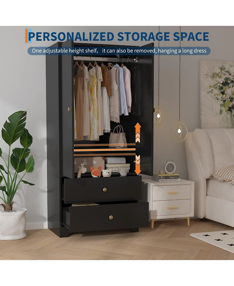 gaomon 71 Inch Wood Armoire Wardrobe Closet, 2 Doors, 1 Adjustable Shelf, Drawers, Hanging Rod, for Bedroom