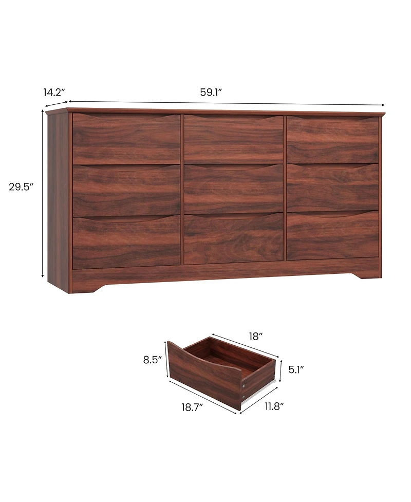 homfan 9-Drawer Wooden Dresser, Tall Modern Chest with Deep Storage, Wide Top Long Dresser for Bedroom, Living Room, Hallway, Kids Room