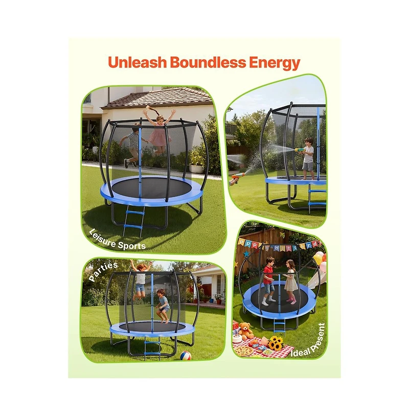 Ruie 8 ft Outdoor Round Trampoline with Enclosure Net Astm Approved 265 lb Capacity