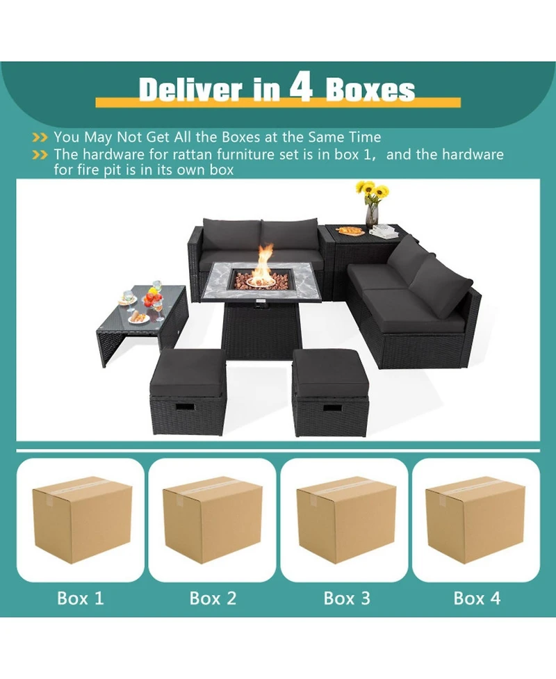 Gouun 9 Piece Outdoor Wicker Sectional Conversation Set with 35 50000 Btu Gas Fire Pit Table