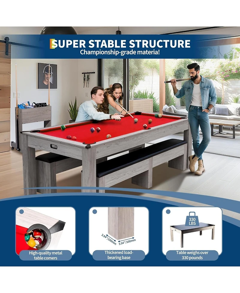 Xo 7FT 3-in-1 Pool Table Dining Combo, Convertible Billiard Table with Table Tennis Top, Multi-Game Table for Family Room