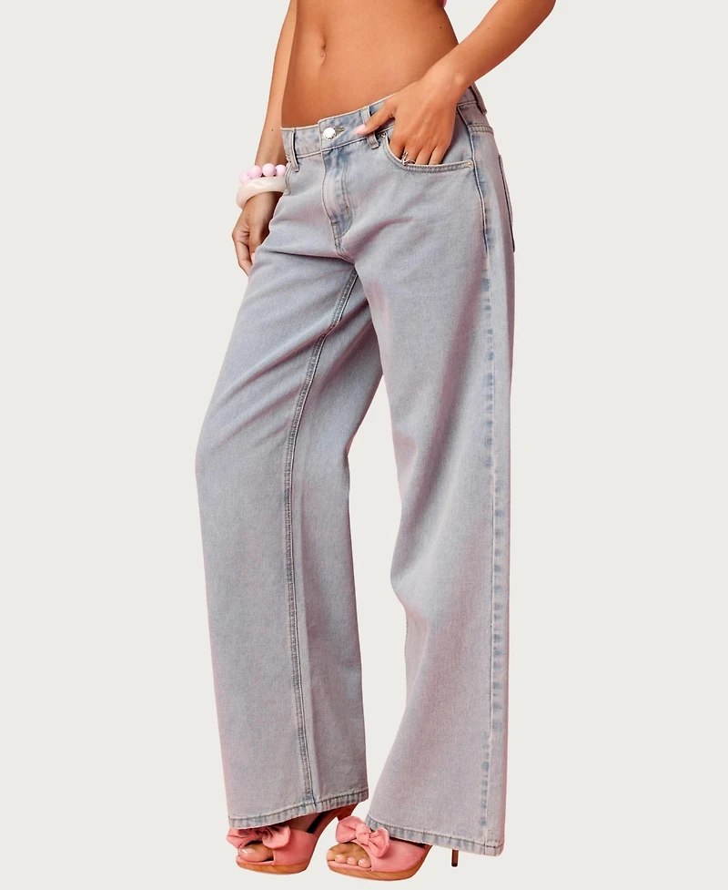 Edikted Womens Embroidered Barbie Low Rise Baggy Jeans