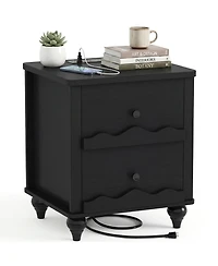 Aheaplus Wooden Nightstand with Charging Station, Storage Dresser 2 Drawers