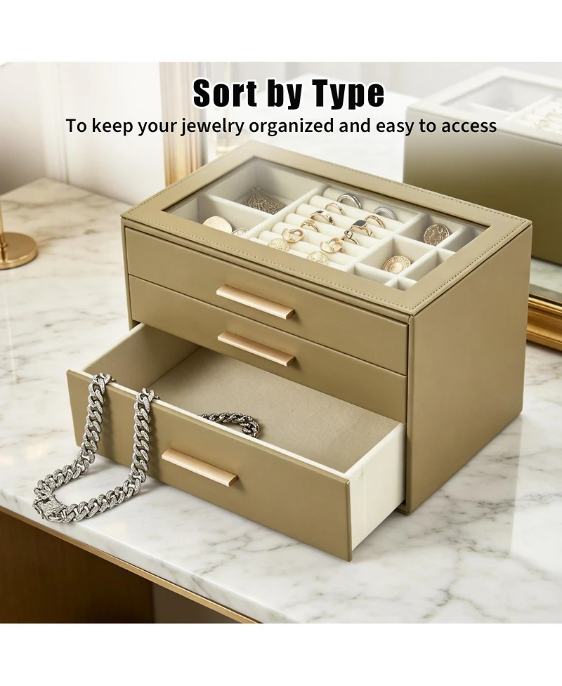 gaomon 3-Tier Jewelry Box with Glass Lid, 3 Drawers, Pearl Velvet Lining, Pu Leather, for Dresser and Vanity