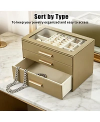 gaomon 3-Tier Jewelry Box with Glass Lid, 3 Drawers, Pearl Velvet Lining, Pu Leather, for Dresser and Vanity