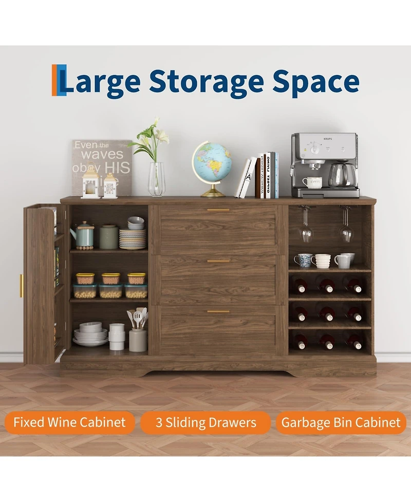 gaomon 63 Inch Farmhouse Sideboard with Wine Racks, Mdf Buffet Cabinet, Drawer and Adjustable Shelves, for Kitchen Dining Room