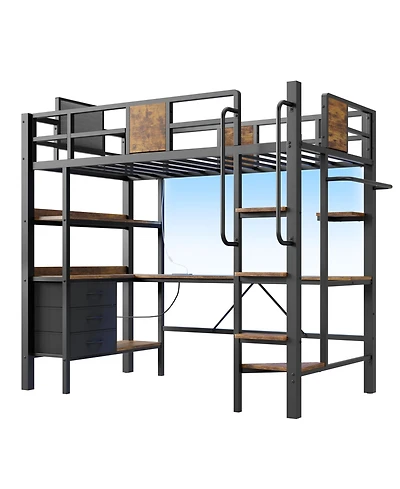 homfan Twin Loft Bed with Desk, Stairs, Rgb Lights, Charging Station, Storage