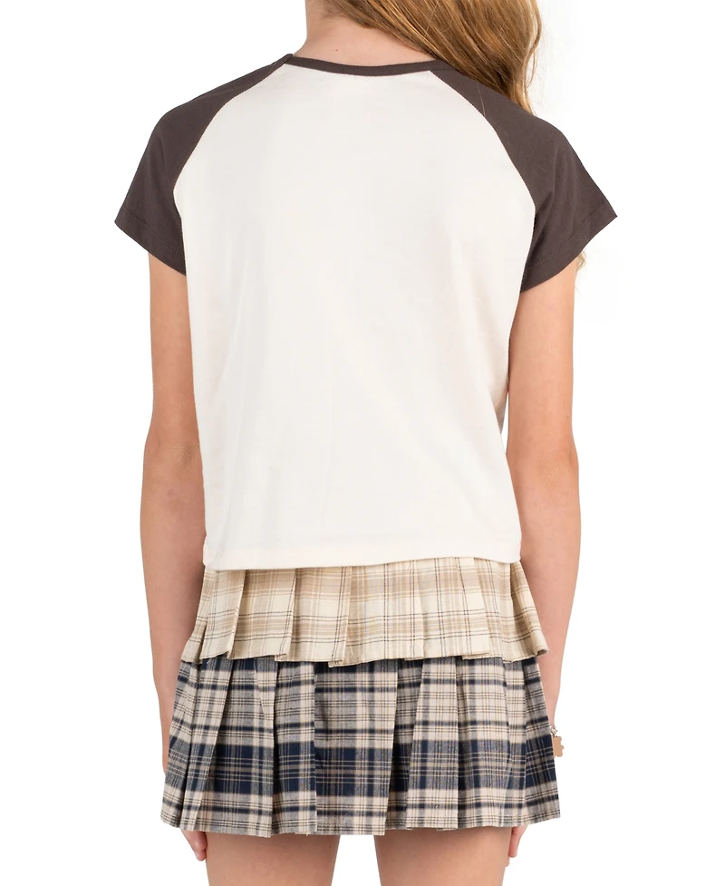 Tween Diva Girls' 7-16 Graphic Raglan T-Shirt, Mixed Plaid Tiered Skort and necklace, 3-Piece Set