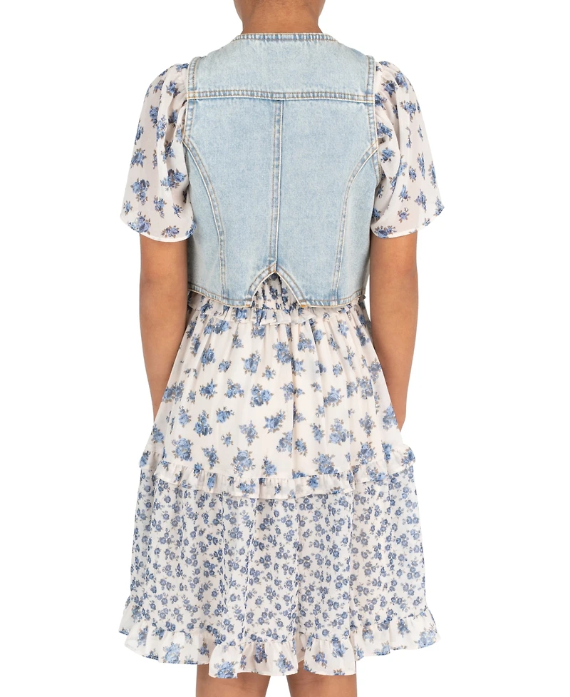 Rare Editions Girls' 2T-6X Denim Vest and Twin Printed Chiffon Dress, 2-Piece Set