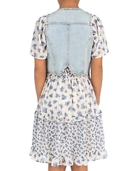 Rare Editions Girls' 2T-6X Denim Vest and Twin Printed Chiffon Dress, 2-Piece Set