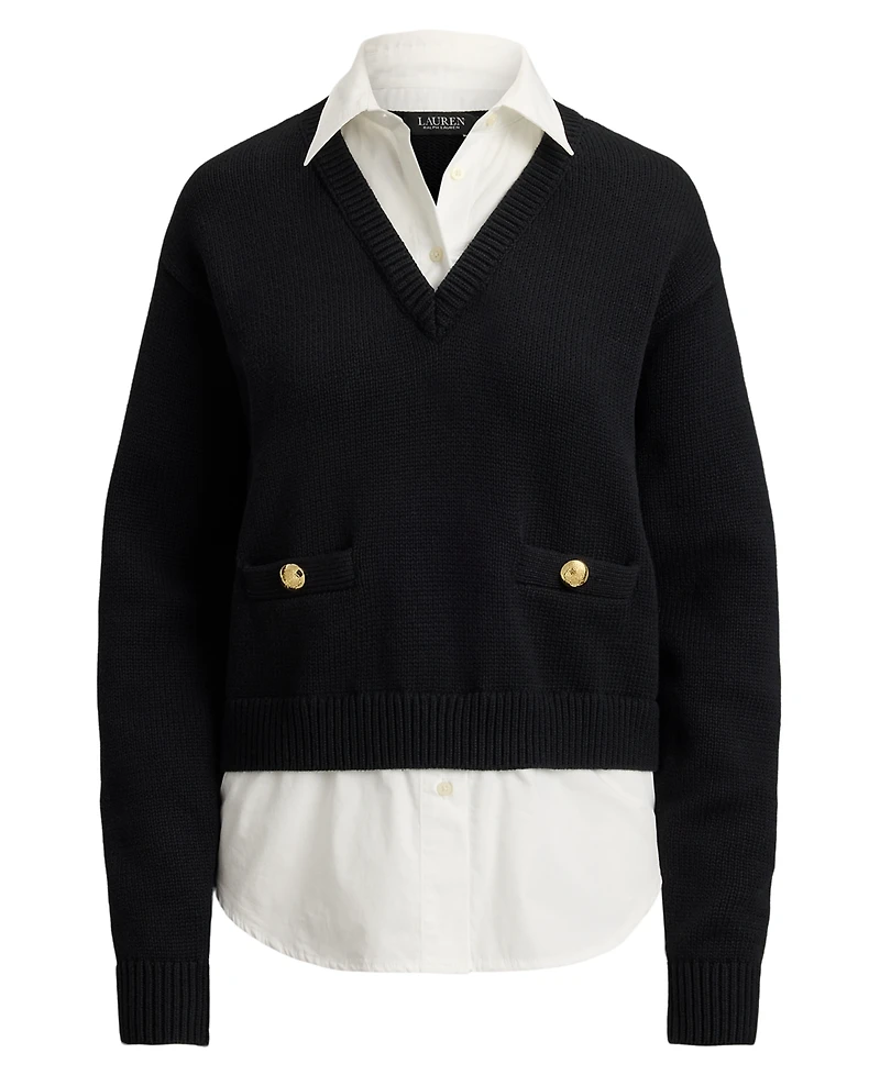 Lauren Ralph Petite Layered Button-Trim Cotton Sweater