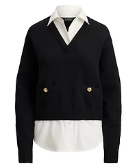 Lauren Ralph Petite Layered Button-Trim Cotton Sweater