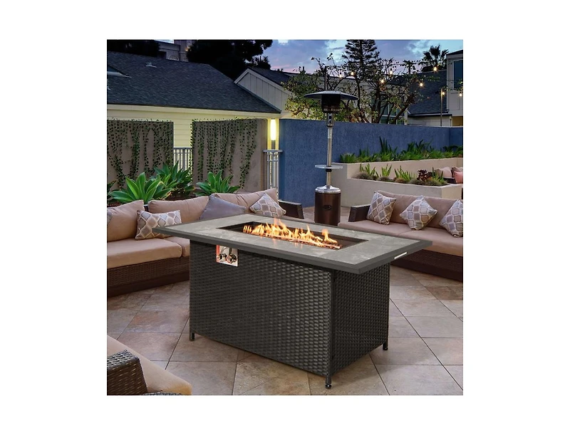 Mondawe 52 Inch Rattan Wicker Propane Fire Pit Table with Rain Cover and Lava Rock