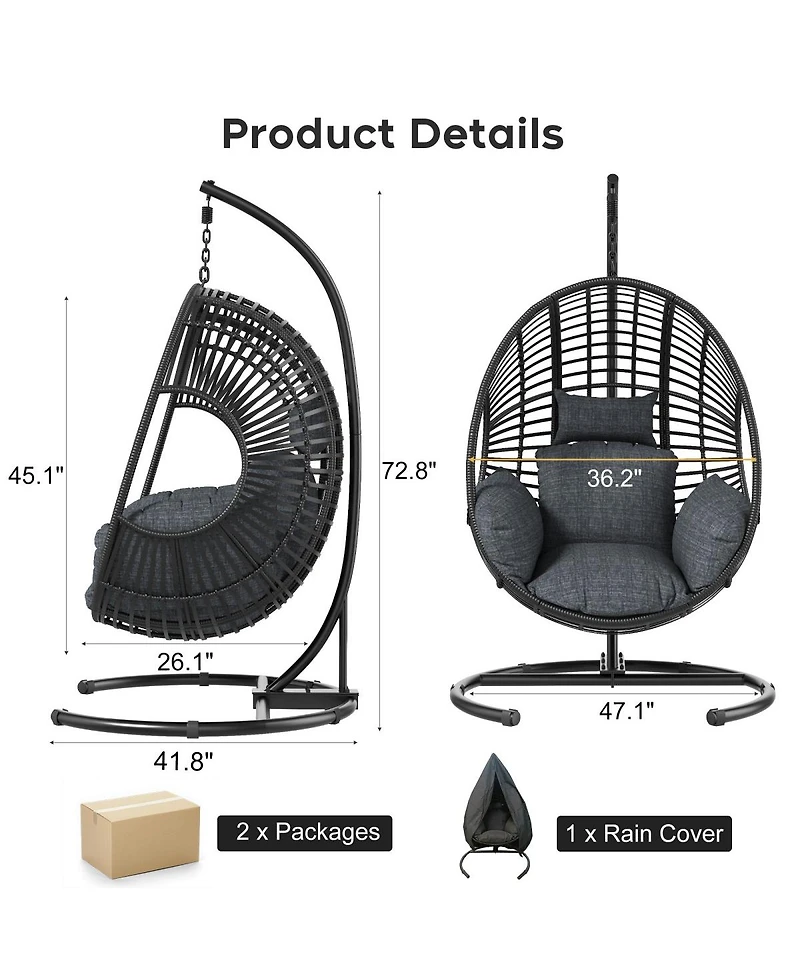 Asagikoiai Outdoor Hanging Rattan Basket Chair with Stand and Cushion for Patio or Balcony
